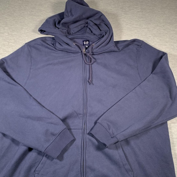 GAP Hoodie Mens 2XL Navy Blue Full Zip Fleece Lined Sweatshirt Drawstring Hood - Picture 2 of 11